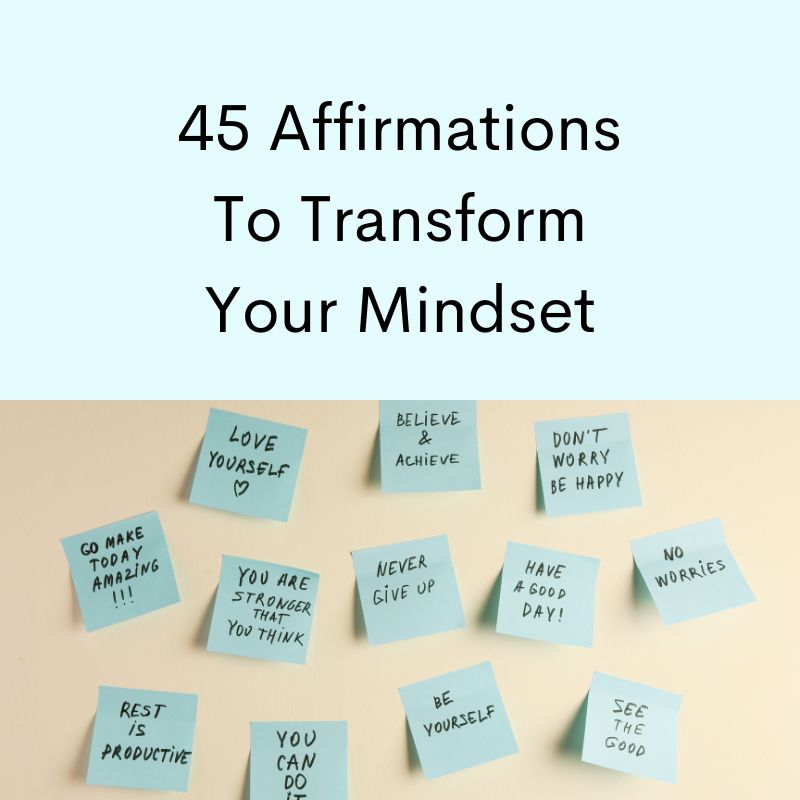 Blue post it notes with positive affirmations. Yellow background. 