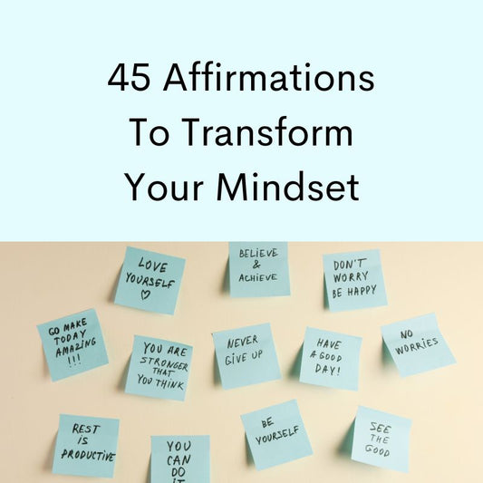 Blue post it notes with positive affirmations. Yellow background. 