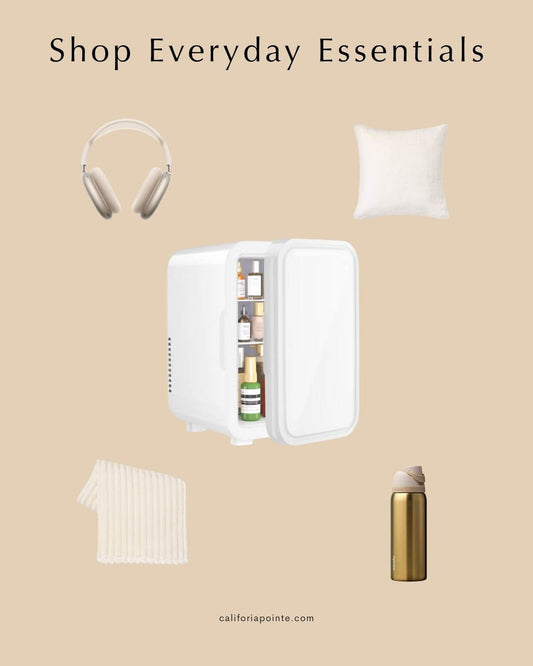 Teen room cozy favorites collage featuring a mini fridge, throw blanket, water bottle, headphones, and throw pillow