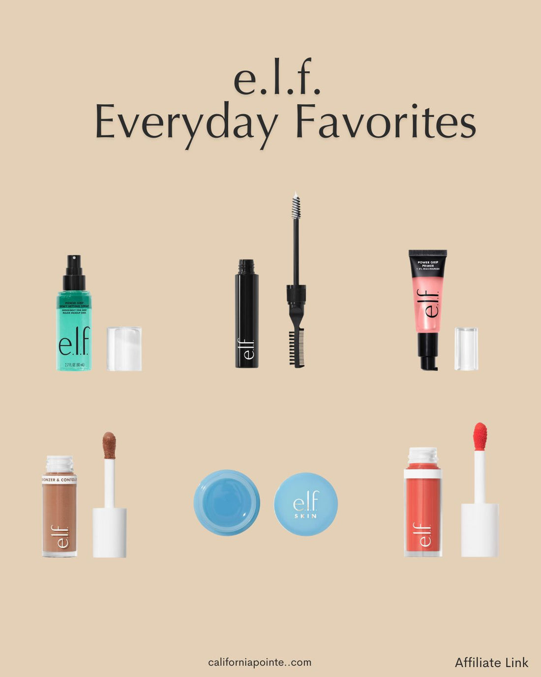 e.l.f. everyday makeup favorites collage featuring primer, blush, bronzer, lp care, and brow products