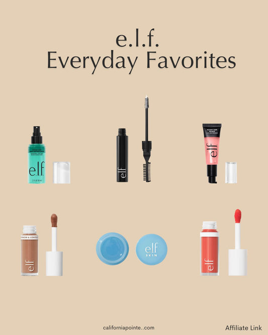 e.l.f. everyday makeup favorites collage featuring primer, blush, bronzer, lp care, and brow products