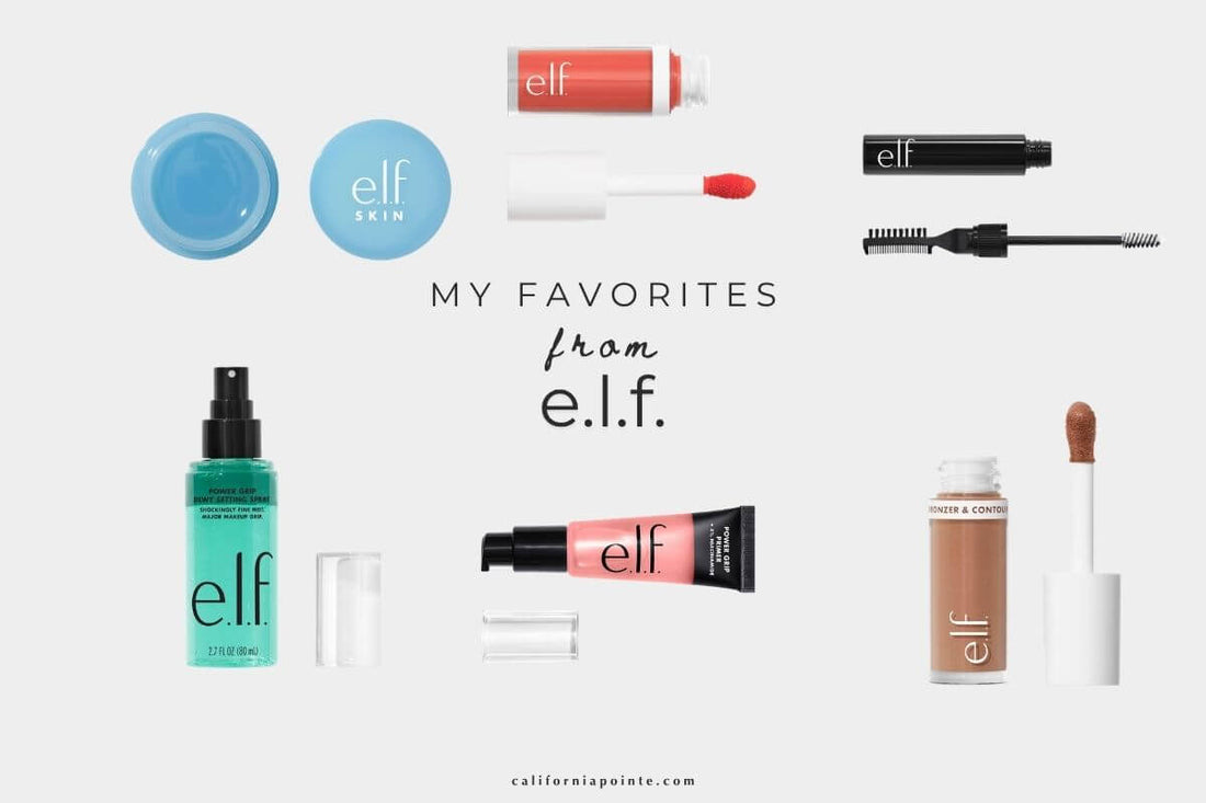 Collage of makeup and skincare products from e.l.f. on a light gray background, with calfironiapointe.com text in black at the bottom and 'MY FAVORITES from e.l.f.' in the middle with beauty tubes and a jar