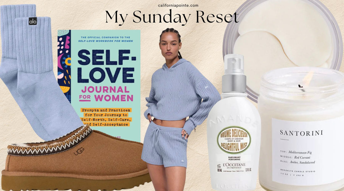 Cozy Sunday Reset essentials featuring plush slippers, soft loungewear, and a scented soy candle for relaxation.