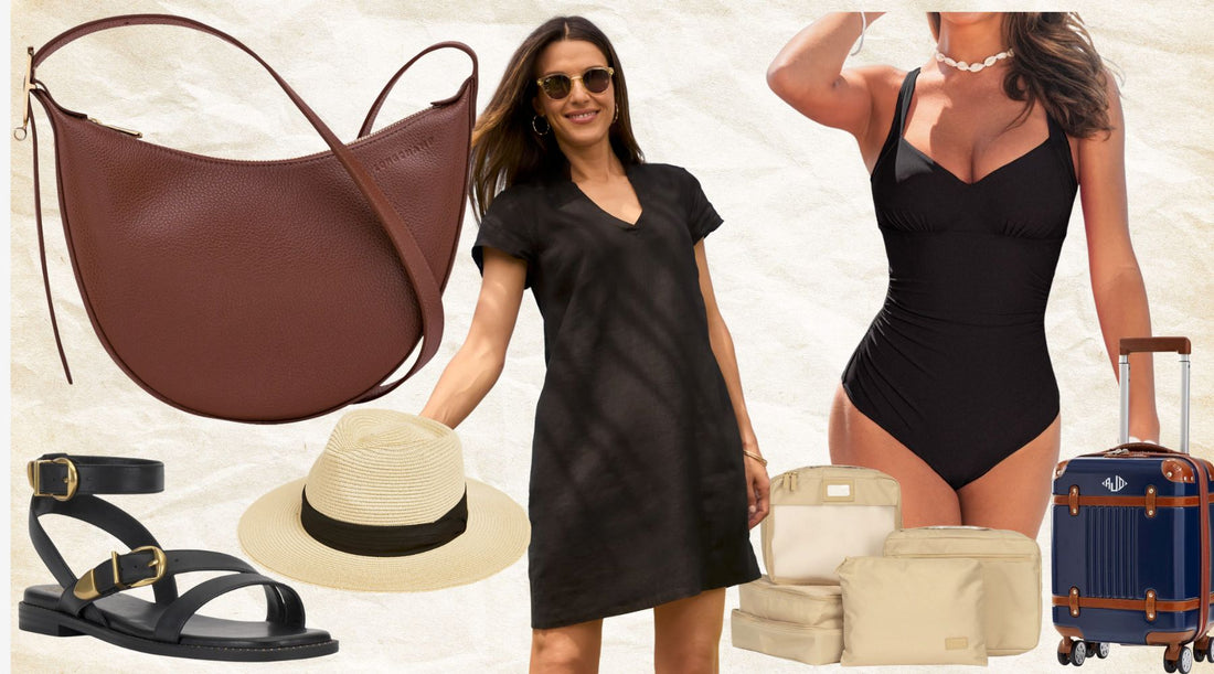 A fashion collage for a Nice, France summer trip featuring a black bathing suit, a Longchamp crossbody bag in brown leather, a black linen shirt dress, and black gladiator sandals.