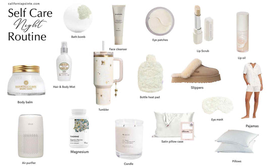 Self-care, beauty and wellness products for cozy night routine.