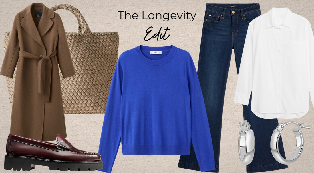 Fashion collage titled 'The Longevity Edit' featuring a vibrant blue sweater, brown wool coat, white button-down, dark wash denim, burgundy loafers, and a woven tote.
