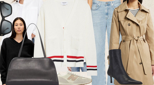 An aesthetic flat-lay style mood board of "Quiet Luxury" London travel essentials including a black leather handbag, oversized butterfly sunglasses, and pointed-toe black leather ankle boots.