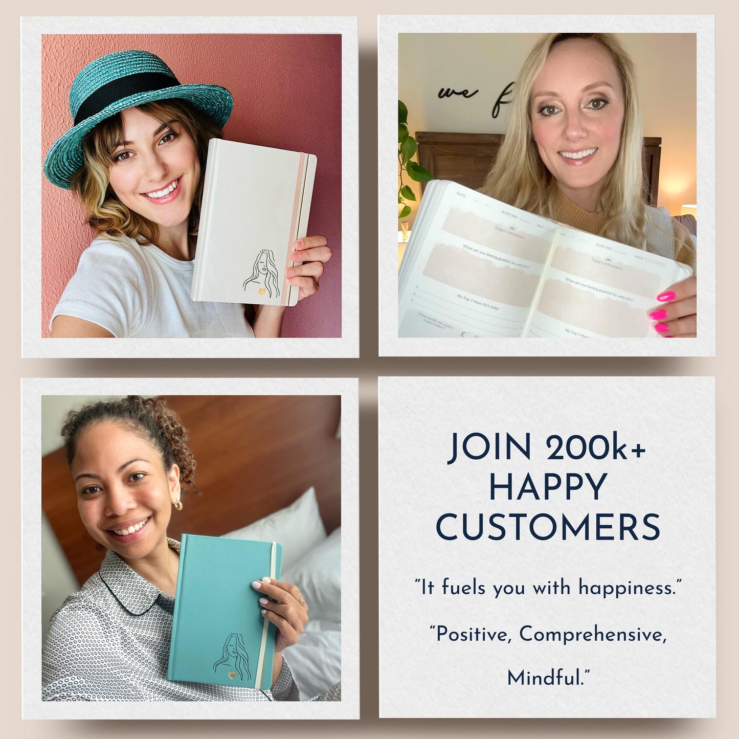 Gratitude journal for women. Diverse female customers holding the journal.