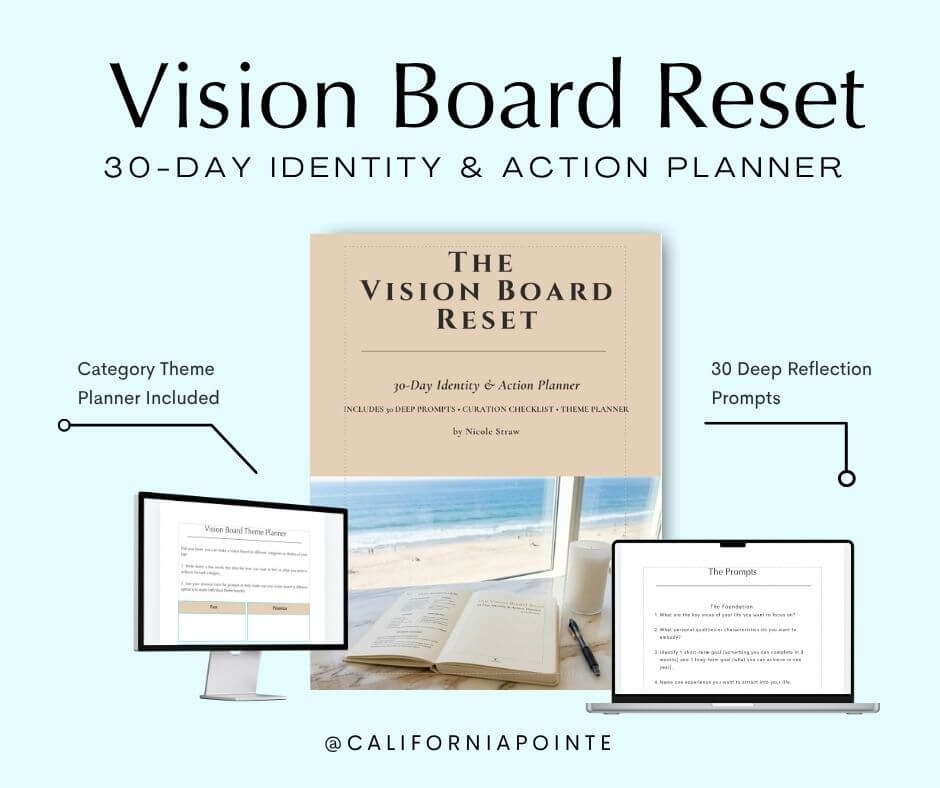 Promotional graphic for 'Vision Board Reset: 30-Day Identity & Action Planner' showing the planner cover centered, with a beach photo on the cover, plus computer and laptop mockups displaying planner pages. Text notes a category theme planner included and 30 deep reflection prompts.