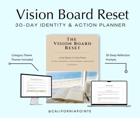 Promotional graphic for 'Vision Board Reset: 30-Day Identity & Action Planner' showing the planner cover centered, with a beach photo on the cover, plus computer and laptop mockups displaying planner pages. Text notes a category theme planner included and 30 deep reflection prompts.