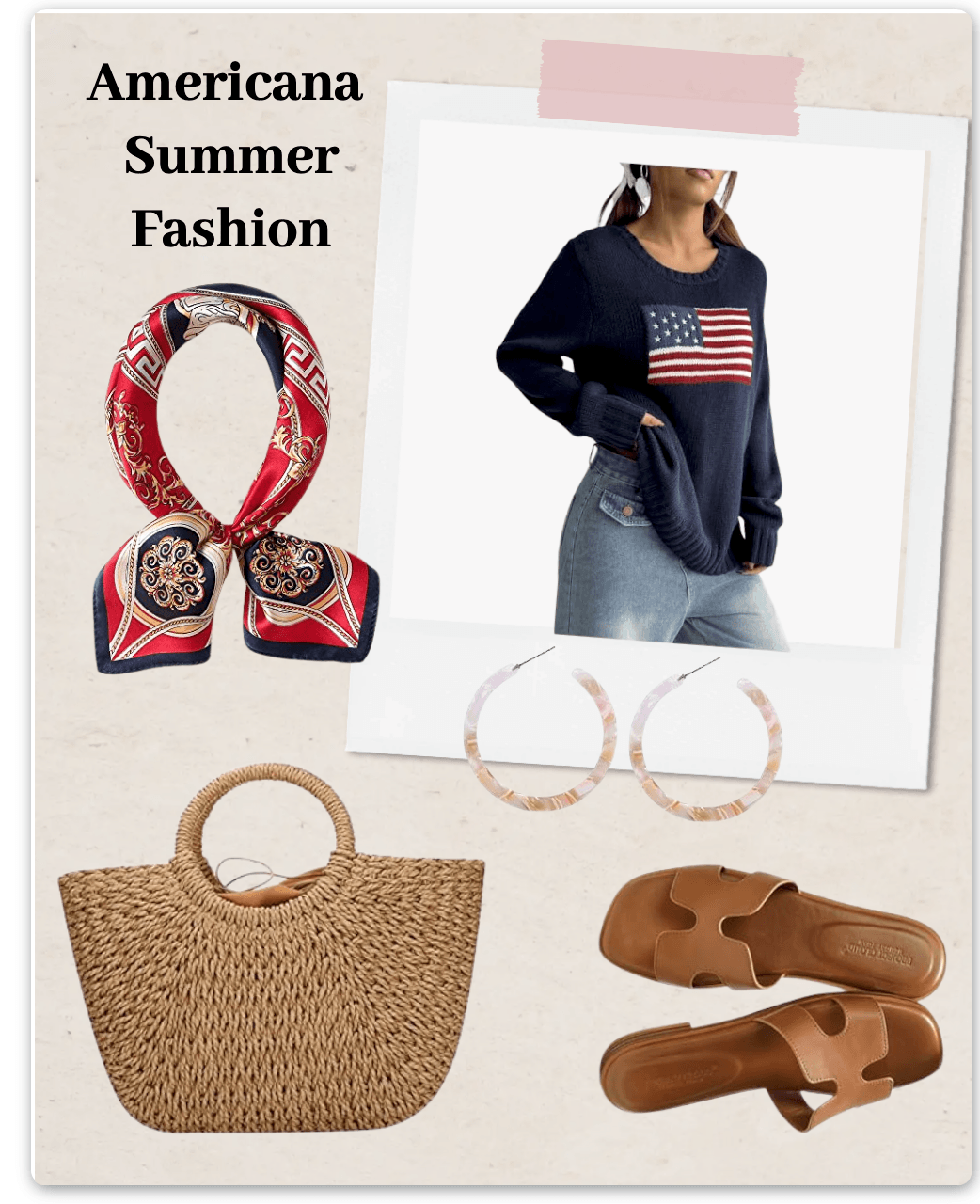 Americana summer fashion collage featuring a navy blue crewneck sweatshirt with an American flag graphic, a red and navy patterned silk scarf, a woven straw tote bag with round handles, tan slide sandals, and white and tan hoop earrings on a beige background with the text 'Americana Summer Fashion'.