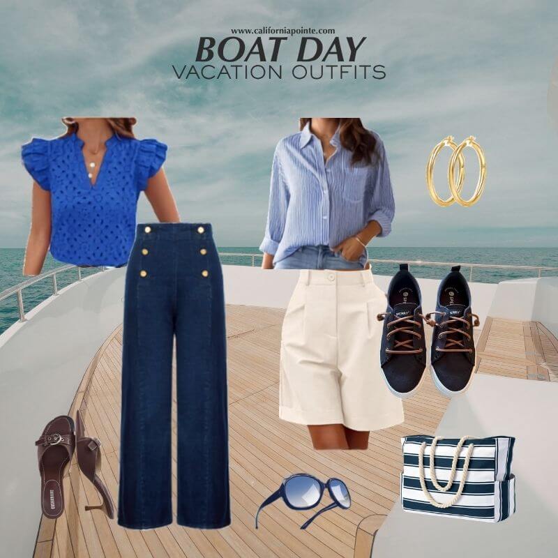 Boat Day Vacation Outfits collage showing multiple styled outfits and accessories on a yacht deck, including a blue eyelet short-sleeve top, sailor jeans, a light blue striped shirt with cream Bermuda shorts, navy boat shoes, navy sunglasses, a striped navy  tote bag, and gold hoop earrings.