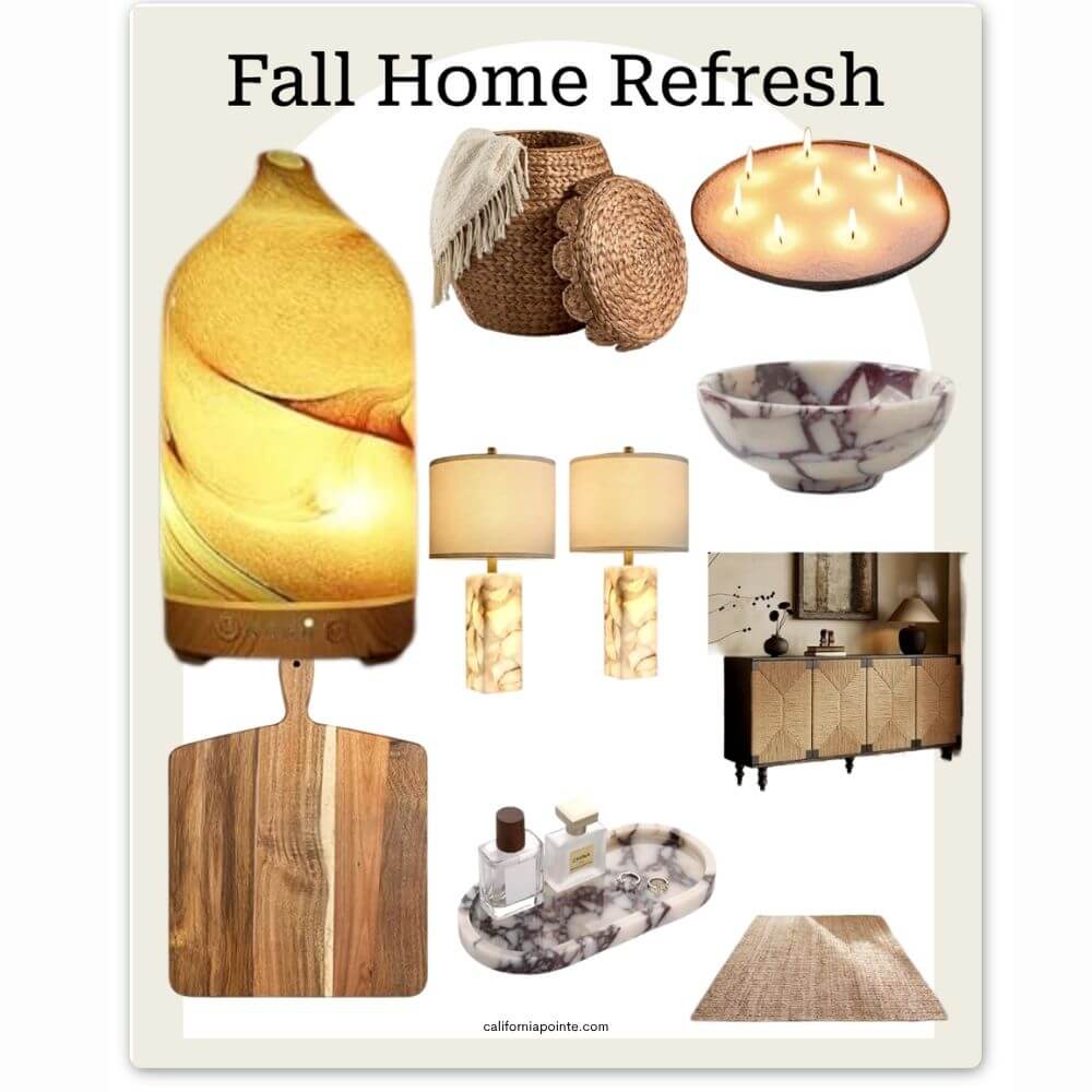 A Fall Home Refresh interior design mood board collage on a white background, featuring a glowing yellow-orange glass lamp, woven rug, marble bowls, two alabaster table lamps, a wood cabinet, a wooden cutting board, a marble tray, a rug, and the title 'Fall Home Refresh' at the top.