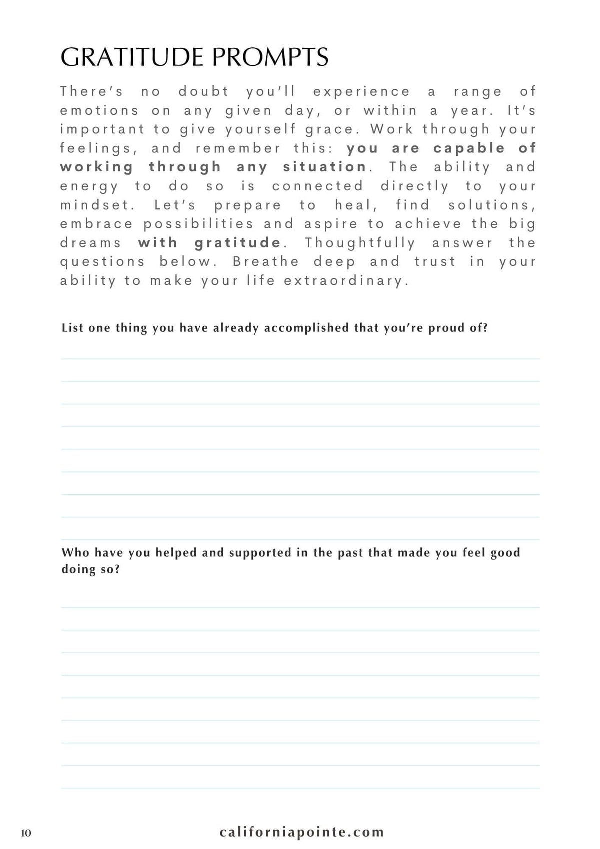 A page from the Habit & Mood Tracker Bundle with black text on a white background, titled 'GRATITUDE PROMPTS' and several reflective questions for users to answer.