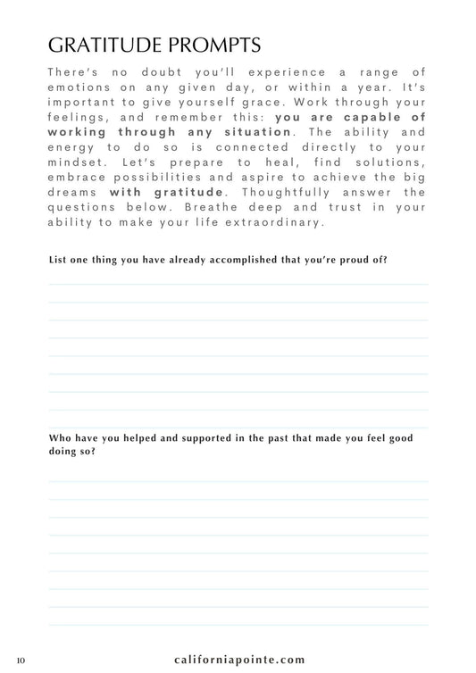 A page from the Habit & Mood Tracker Bundle with black text on a white background, titled 'GRATITUDE PROMPTS' and several reflective questions for users to answer.