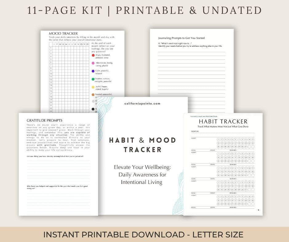 A digital preview of a printable habit and mood tracker kit, showing multiple white worksheet pages with black text and small colored accent lines on a beige background. The title reads '11-PAGE KIT | PRINTABLE & UNDATED' and the bottom text says 'INSTANT PRINTABLE DOWNLOAD - LETTER SIZE'.