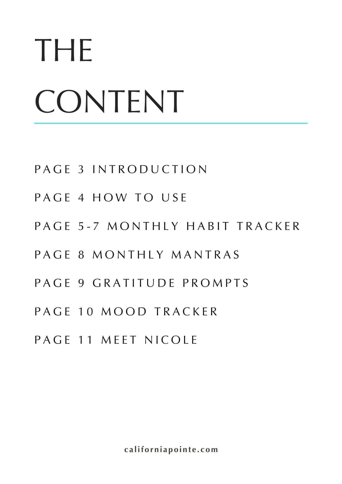 A white digital page with black text outlining a table of contents titled 'THE CONTENT,' listing sections from introduction to how to use, plus the website californiapointe.com at the bottom.