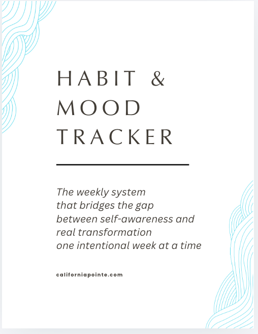 A minimalist cover design for a 'Habit & Mood Tracker' featuring dark gray text on a white background with light blue decorative wavy line illustrations in the corners.