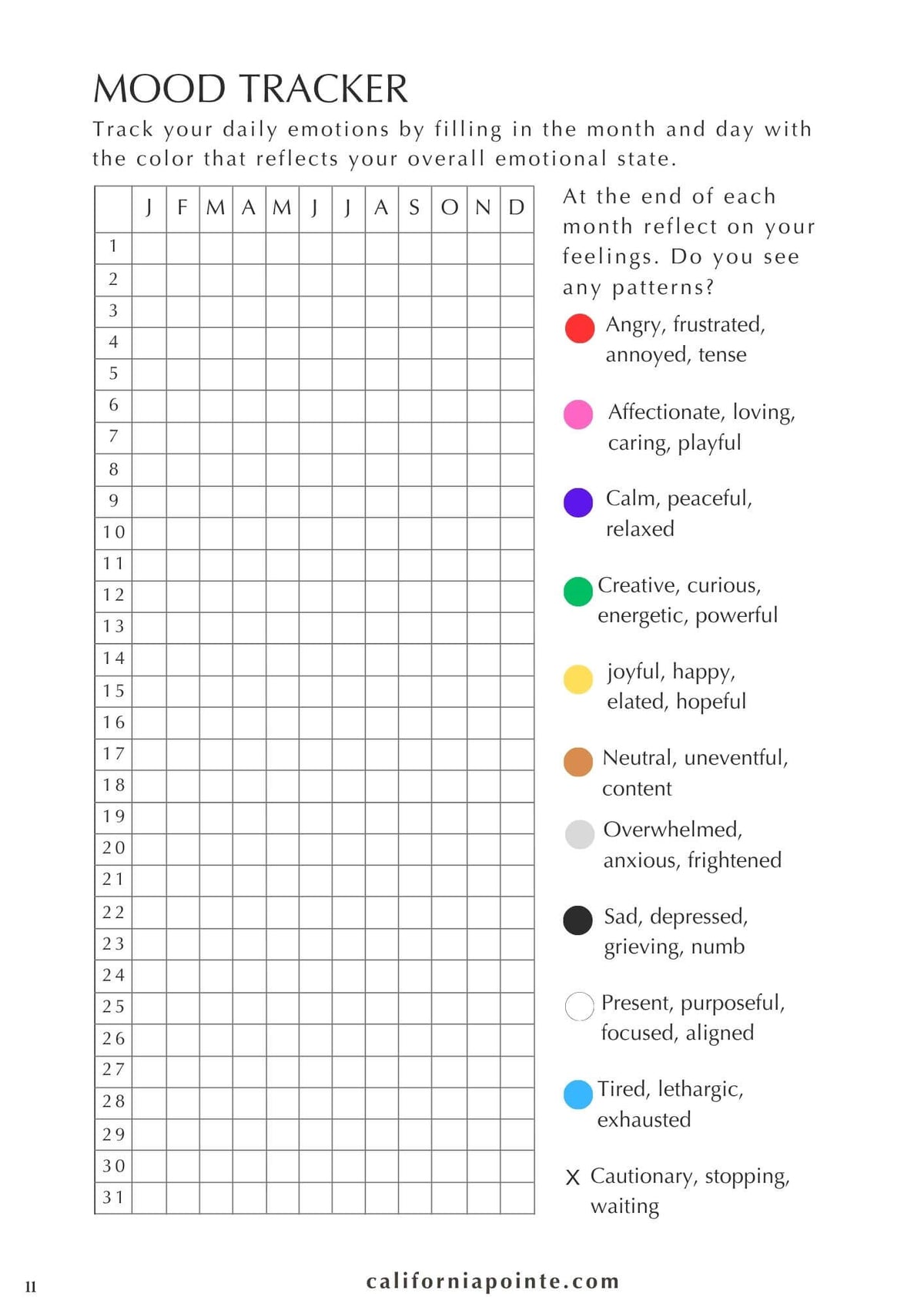 A printable mood tracker worksheet with a grid for tracking daily emotions from January to December and a list of color-coded emotional states on the right, titled 'MOOD TRACKER' at the top.
