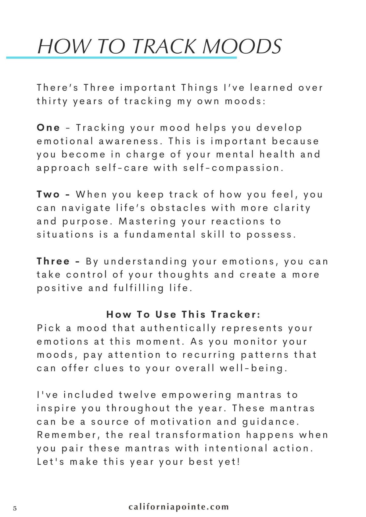 A text-based informational page titled 'HOW TO TRACK MOODS' with three paragraphs of black text on a white background and a small blue horizontal line above the title.