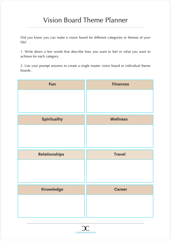 A Vision Board Theme Planner printable sheet with text instructions at the top and a grid of categories including Fun, Finances, Spirituality, Wellness, Relationships, Travel, Knowledge, and Career. The page has a white background with tan header boxes outlined in light blue and a small 'Creative Planning' logo at the bottom.