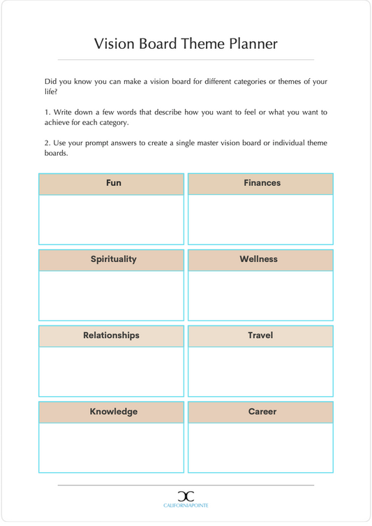 A Vision Board Theme Planner printable sheet with text instructions at the top and a grid of categories including Fun, Finances, Spirituality, Wellness, Relationships, Travel, Knowledge, and Career. The page has a white background with tan header boxes outlined in light blue and a small 'Creative Planning' logo at the bottom.