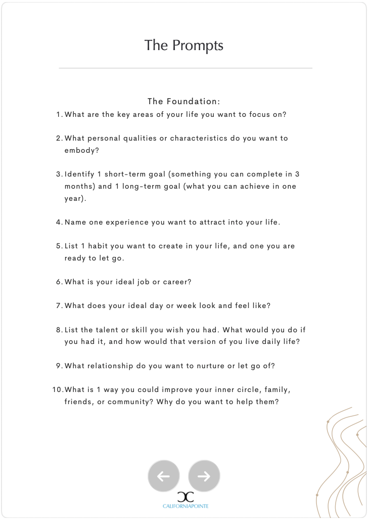 A digital document titled 'The Prompts' on a white background, featuring ten numbered reflective questions under the headings 'The Foundation' and 'The Future'.