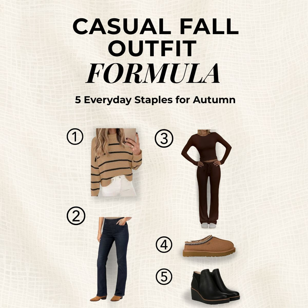 A styled outfit graphic titled 'CASUAL FALL OUTFIT FORMULA' with the subtitle '5 Everyday Staples for Autumn.' The layout shows five numbered fashion items on a light textured background: a beige striped sweater, dark blue jeans, a dark brown fitted top and matching pants, tan slip-on shoes, and black wedge ankle boots.