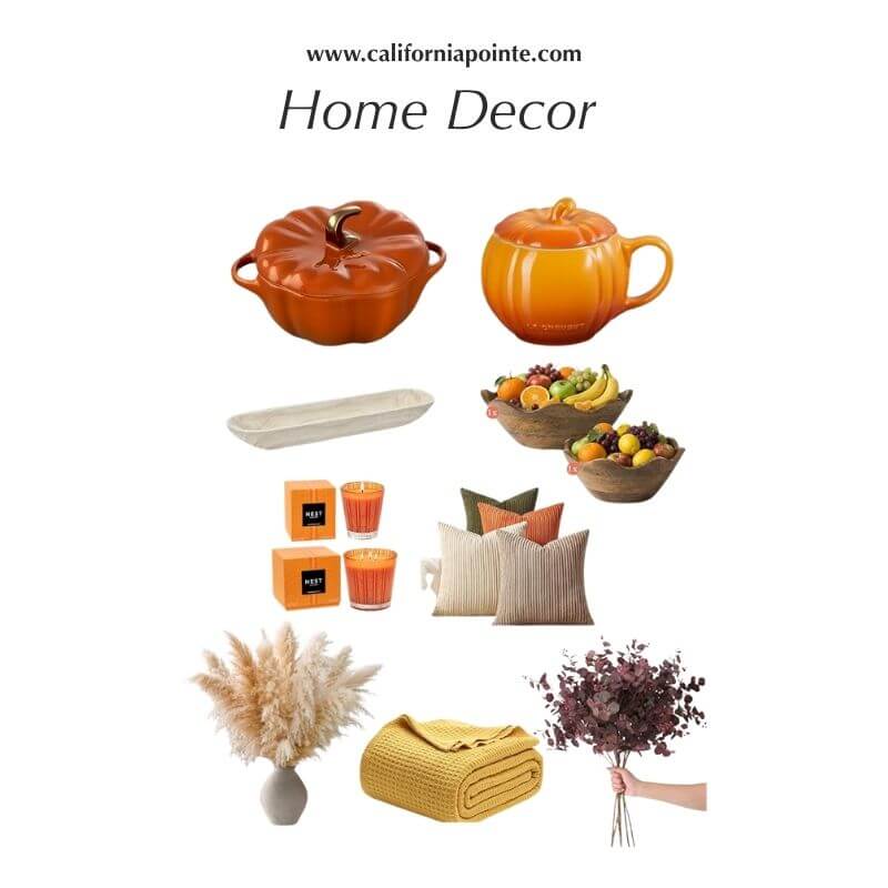 A home decor collection collage on a white background, featuring orange pumpkin-shaped ceramic containers, fruit bowls, candles, pillows, pampas grass, a folded yellow throw blanket, and a hand holding dried purple flowers. The text 'www.californiapointe.com in black text at the very top.
