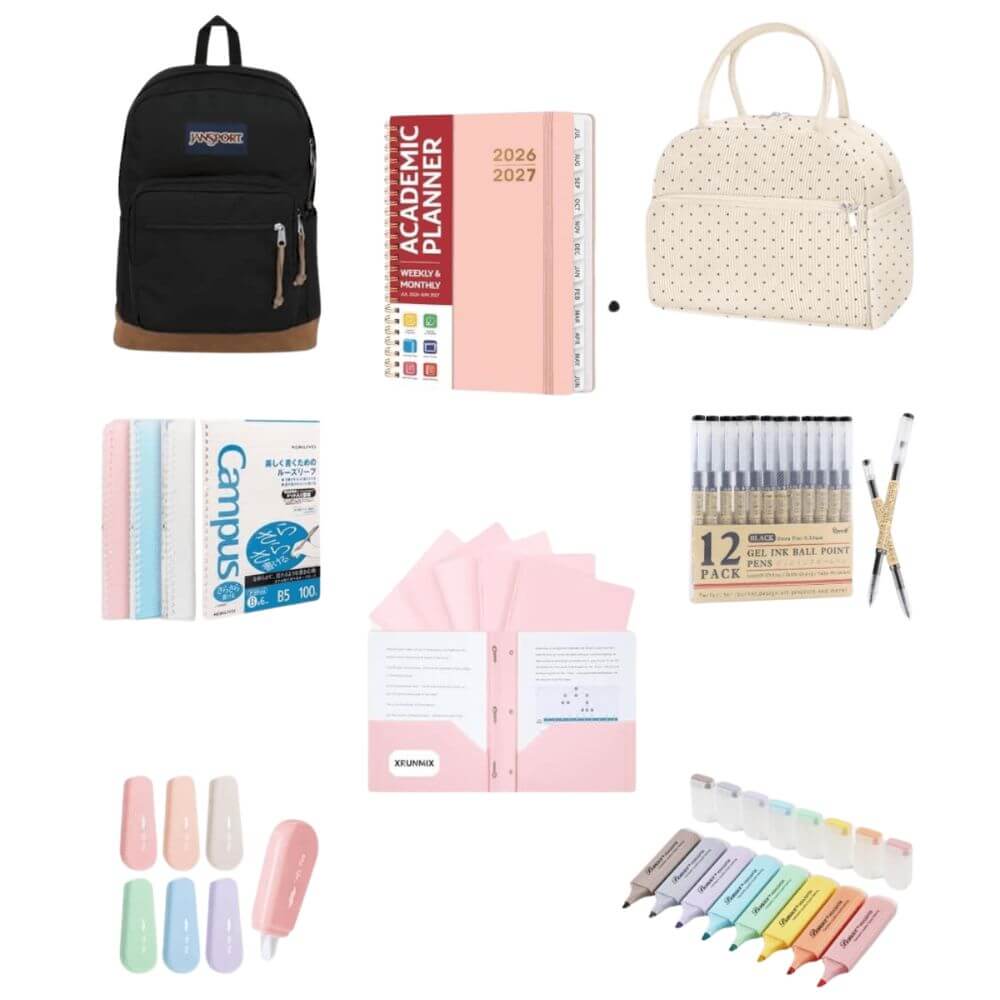 A collage of various stationery and backpack accessories on a plain white background, including a black JanSport backpack, a pink 2026-2027 academic planner, a cream polka-dot lunch bag, Campus binders, gel pens, highlighters, and other school supplies.