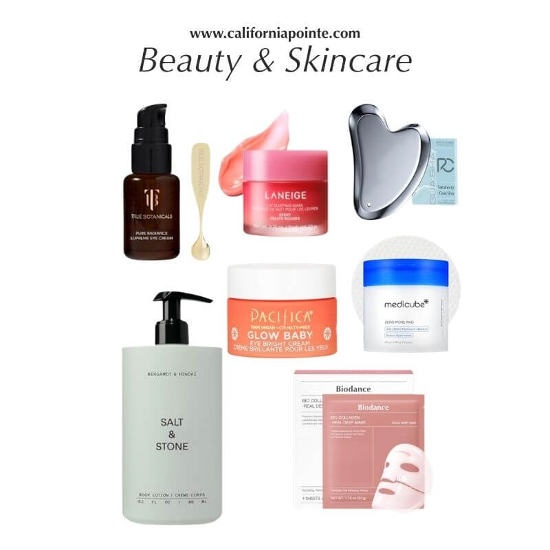 A collage of beauty and skincare products on a white background with the heading 'Beauty & Skincare' and website text at the top. Visible products include a True Beauty serum bottle, a pink Lanise cream jar, a heart-shaped mirror, a small blue packet, a white and blue Medcubal mask, a white Salt & Stone pump bottle, a coral-orange Pacifica Glow Baby jar, and a Bioscience sheet mask box.