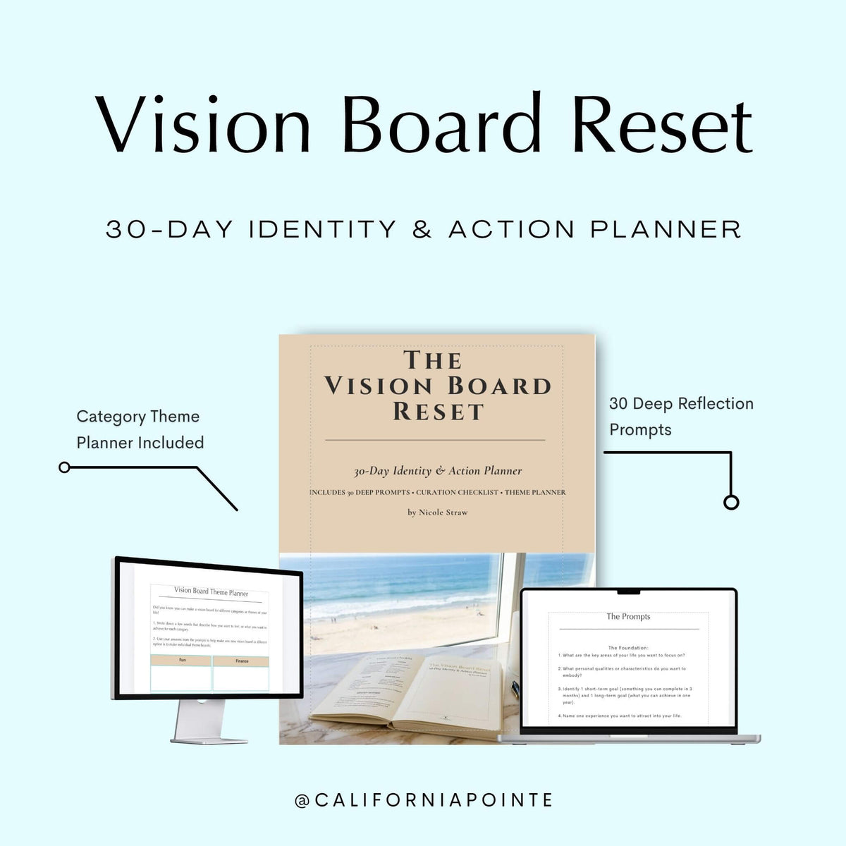 Promotional graphic for a digital planner titled 'Vision Board Reset' showing a beige PDF cover centered on a pale blue background, with smaller mockups of a desktop monitor and laptop displaying planner pages, an open beach-themed notebook, and text describing included content, text '@californiapointe'